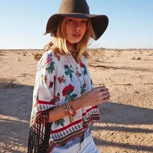 Coachella Boho Fringe Floral Poncho Festival Beach Western Coastal Top